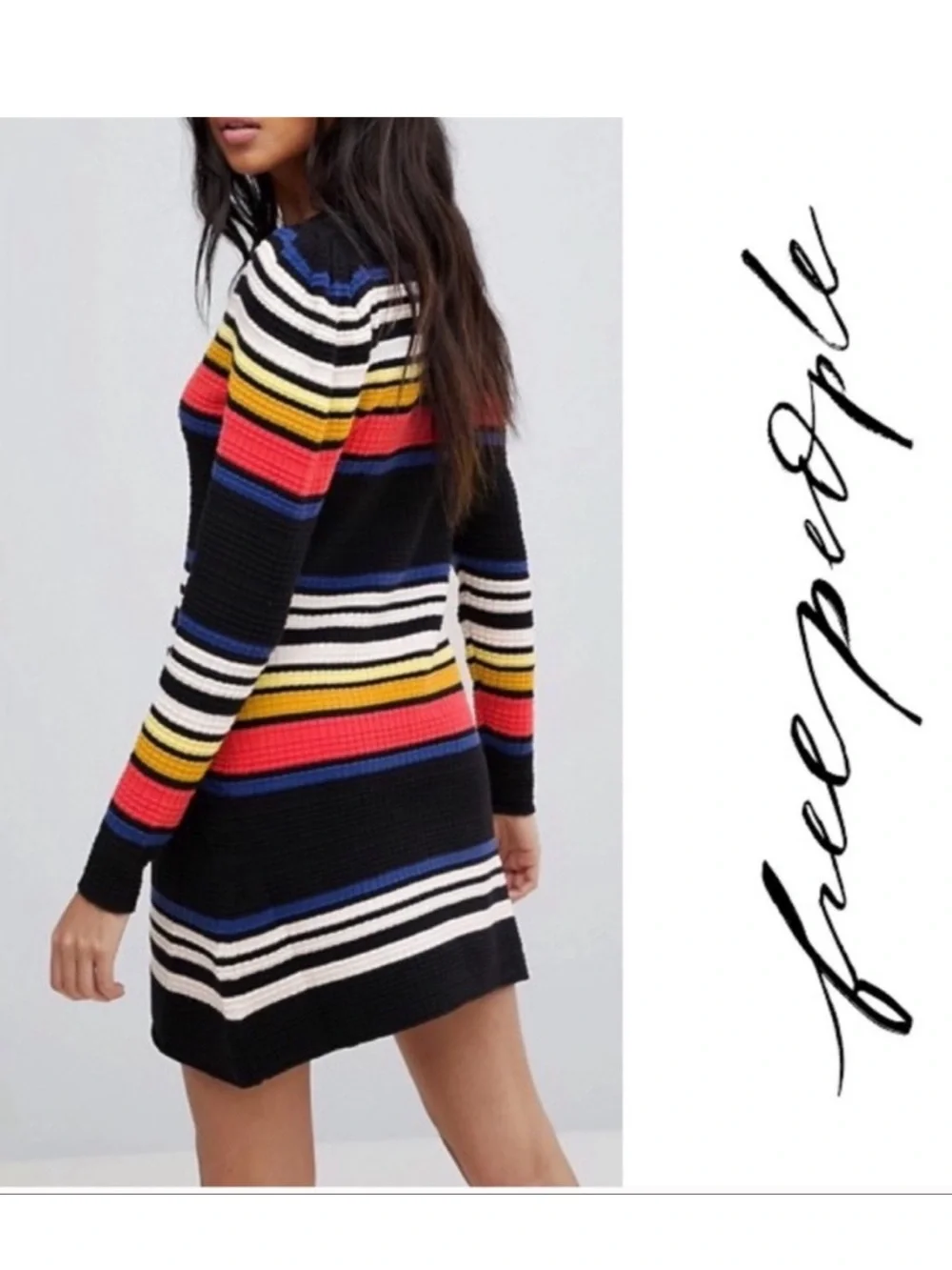 Free People Gidget Striped V-Neck Knit Dress in Multi-Color Size M